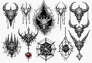 Jewel shaped tangled web with dragon horns and blood drops tattoo idea