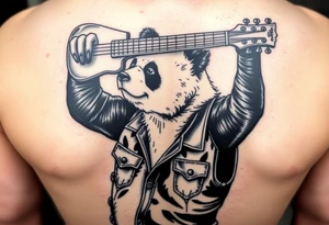 Panda bear wearing a denim vest, holding a bass guitar over his head tattoo idea
