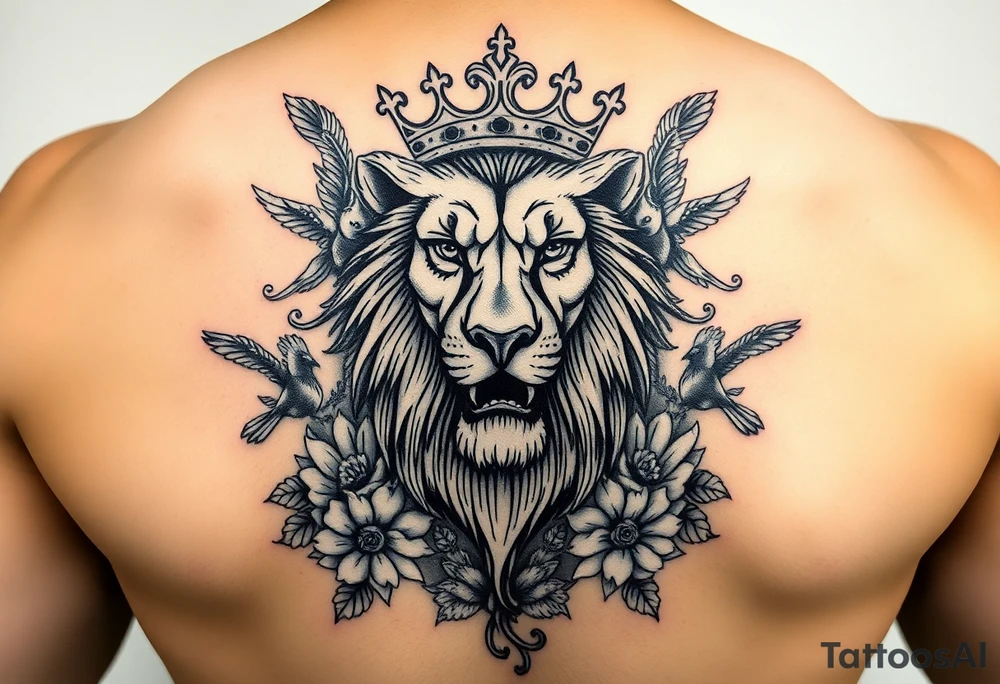 powerful majestic lion with a crown, surrounded by floral ornaments and birds tattoo idea