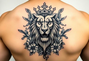powerful majestic lion with a crown, surrounded by floral ornaments and birds tattoo idea