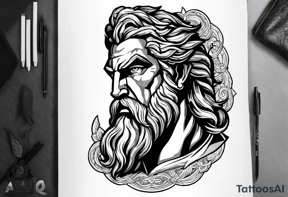 At the heart of this Greek mythology tattoo stands Zeus, the king of the gods, portrayed in a commanding and majestic pose. Zeus is depicted in three-quarter view, with his muscular form accentuated by fine black and grey shading. His expression is fierce and determined, with a full beard and flowing hair adding to his regal appearance. He holds a thunderbolt in his raised hand, ready to unleash its power, while storm clouds gather around him, crackling with energy.

Surrounding Zeus are elements that highlight his dominion and influence. To one side, an eagle, his sacred animal, soars with its wings spread wide, symbolizing strength and vigilance. Below Zeus, the mighty Mount Olympus rises, shrouded in mist and framed by ancient Greek columns. In the background, subtle depictions of other gods and goddesses, such as Hera and Hermes, can be seen, paying homage to the pantheon over which Zeus reigns supreme.

The design is enriched with intricate details like laurel wreaths and olive branches, symbols of victory and peace, intertwined around the composition. The entire tattoo is crafted with a mix of bold lines and delicate shading, with occasional highlights of gold to emphasize the divine and majestic nature of Zeus.

This tattoo design captures the power, authority, and grandeur of Zeus, making it a striking tribute to Greek mythology. tattoo idea