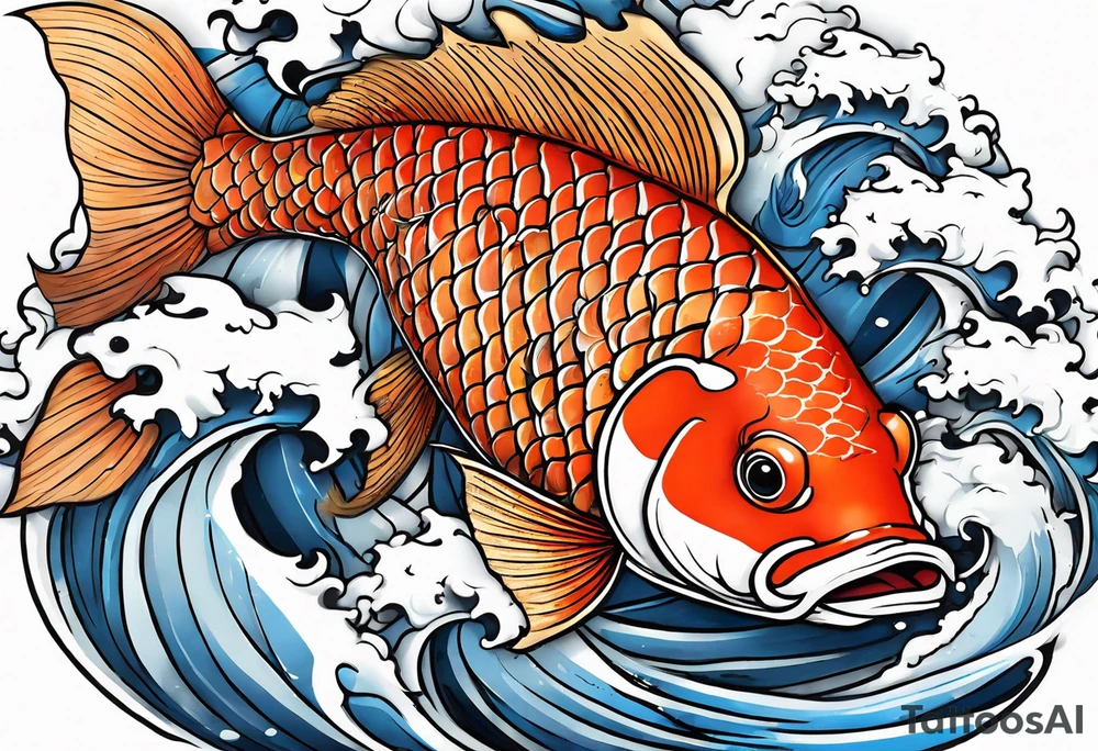 Japanese with karp koi in fond, demon and samouraï first plan with nuage tattoo idea