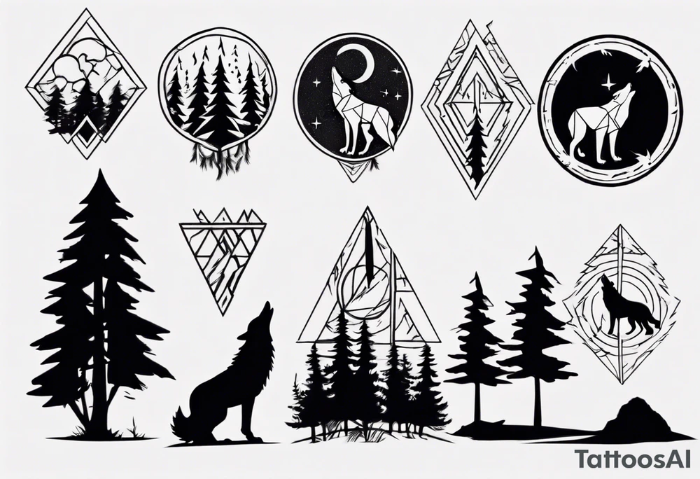 lightning over forest with wolf howling tattoo idea