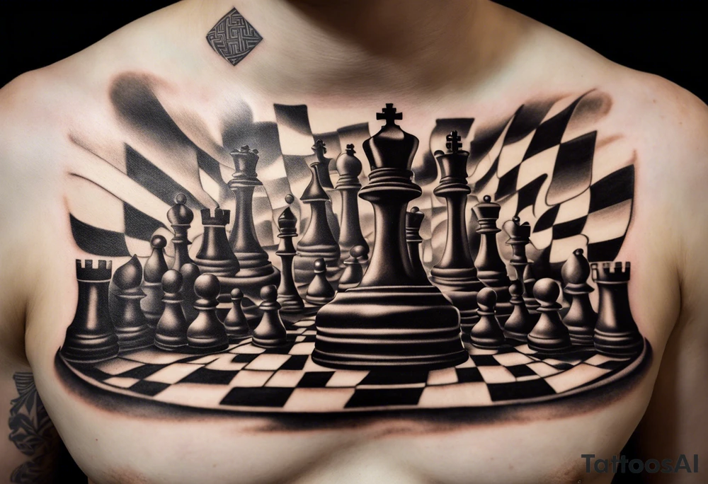 A black-and-white tattoo featuring a chessboard with scattered chess pieces, symbolizing strategy and the unpredictability of life. In the background, an hourglass with sand halfway through represents the passage of time. The chessboard is slightly distorted to give a surreal, maze-like effect. The design uses bold lines and shading to create contrast, with no extra colors, staying true to the black-and-white theme tattoo idea