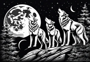 Wolfs and 4 cubs howling at moon tattoo idea