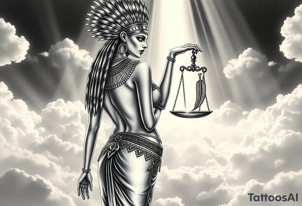 A sensual, curvaceous Egyptian goddess stands with her back slightly turned, accentuating her figure. She wears an elaborate ostrich feather headdress and ornate, intricate ancient Egyptian jewelry draped across her body. Her expression is mysterious and confident. In one hand, she holds the Scales of Justice: one side holds a radiant, glowing heart; the other, Ma’at’s feather. The scales themselves shimmer with an otherworldly light.
The background is a surreal, heavenly landscape filled with luminous clouds and beams of divine light piercing through, creating dramatic contrasts of deep shadows and highlights. The entire scene is bathed in an ethereal, mystical glow, with a dreamlike, almost supernatural atmosphere. tattoo idea