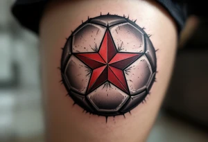A realistic soccer ball shaded in black and gray, with the red Slavia Praha star boldly overlaying the center. tattoo idea