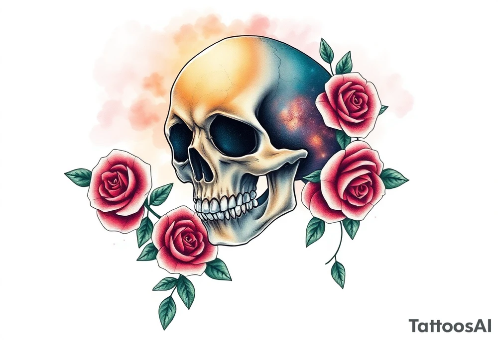 gothic skull as a planet and intertwined with climbing roses and galaxy in background tattoo idea