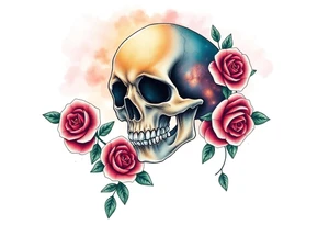 gothic skull as a planet and intertwined with climbing roses and galaxy in background tattoo idea