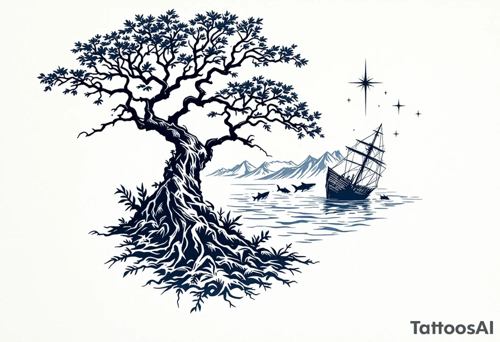 tattoo that has an acacia tree with mountains, ocean with a ship wreck with sharks and the northern star tattoo idea