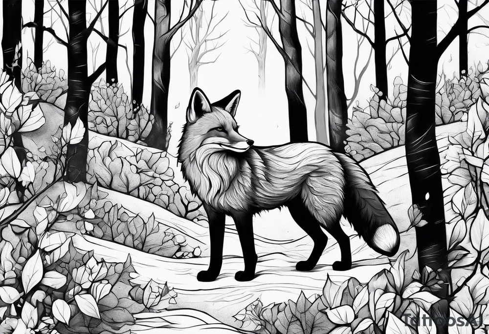 Creepy evil fox in birch woods tattoo idea