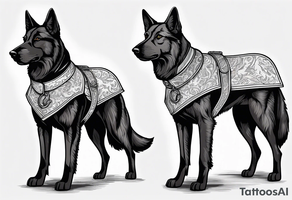 Tattoo of An artistic depiction inspired by Jean de La Fontaine’s fable ‘The Dog and the Wolf.’ The scene shows a sleek, well-groomed dog dressed as a dandy, wearing a luxurious coat and an enormous dog collar with a hang ring. The dog stands proudly, exuding confidence and wealth. Opposite him is a rugged, lean wolf with a wild look, pointing at the dog’s collar with a paw in a gesture of questioning or concern. The setting is a soft shadows and a tranquil yet tense atmosphere. The art style is detailed and elegant, evoking the aesthetic of 18th-century European illustrations.” tattoo idea