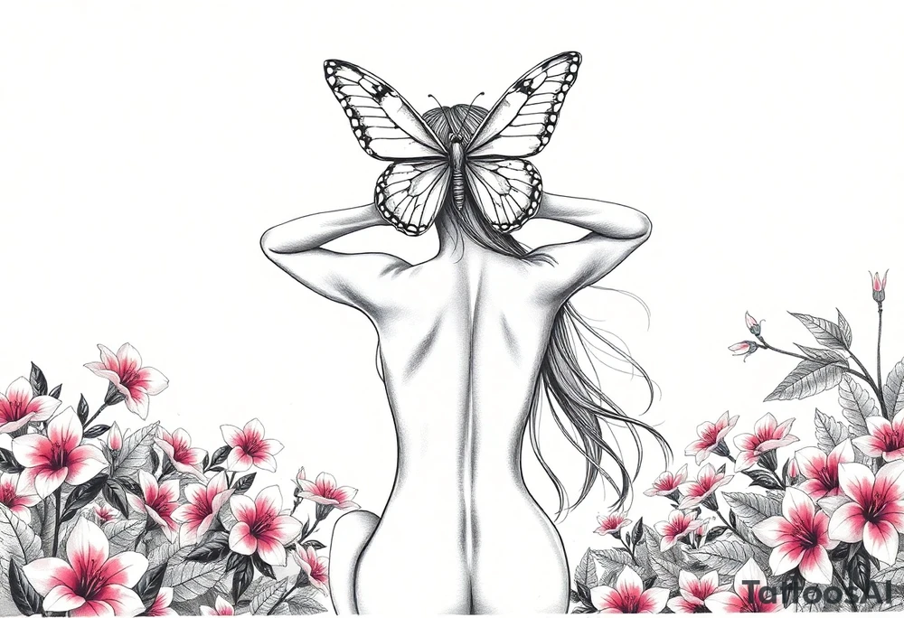 Women whos hands are to her ears with her long hair flowing in the wind and dow. Her back while the is kneeling naked on her knees in a beautiful garden surrounded by pink plumeria surrounding her the women has both arms up with her hands covering both her ears and above her a big beautiful butterfly that's right above her head that half the butterflys wings covers her eyes like a blind fold and her lips and sown shut tattoo idea
