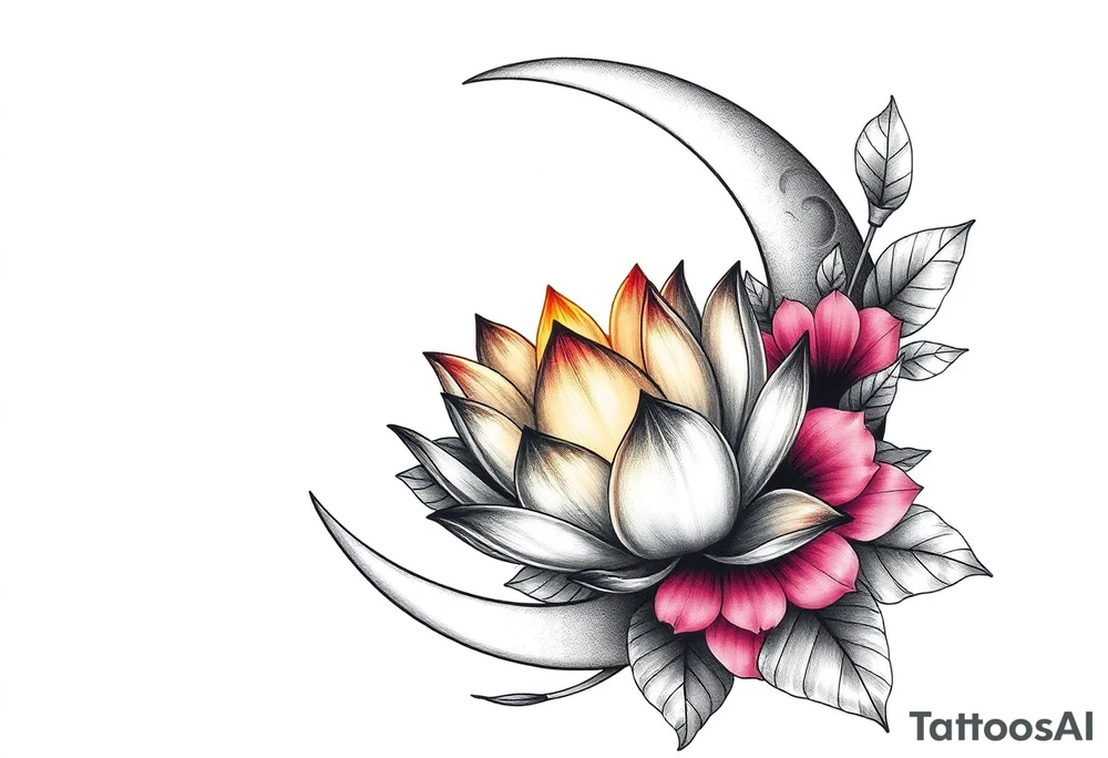 crescent floral moon with lotus flower glowing tattoo idea