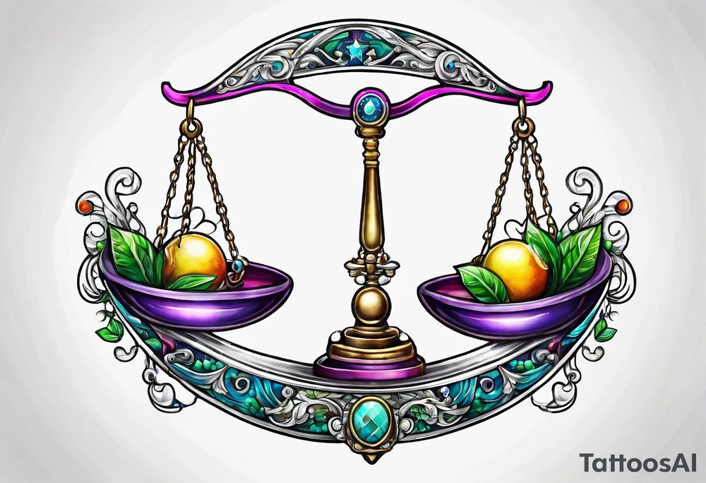 Vibrant Libra scales hanging from a half moon tattoo idea