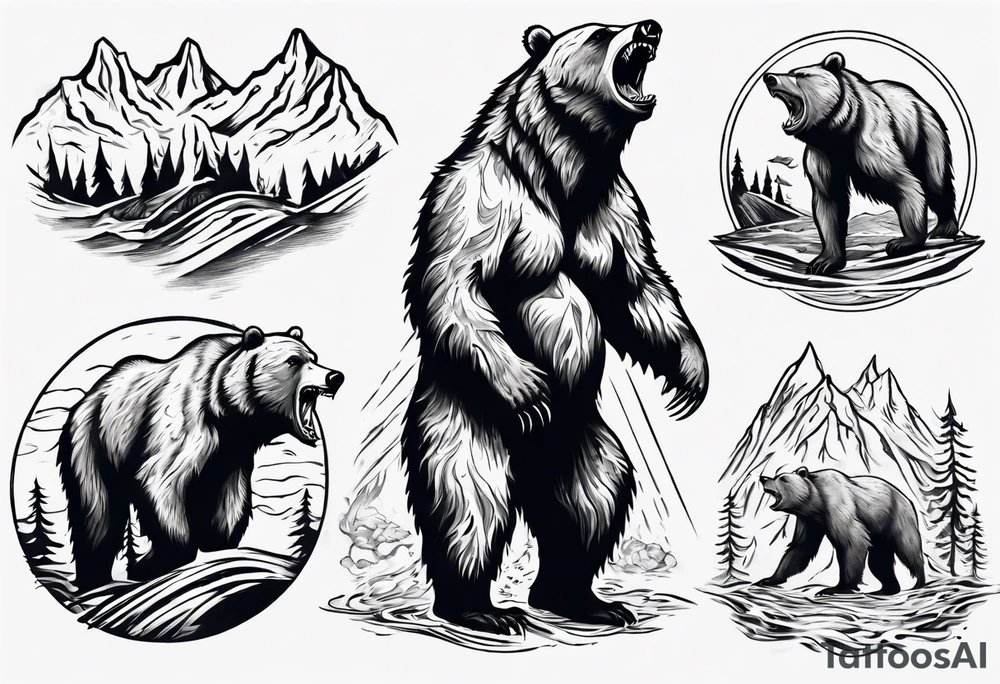 A growling grizzly bear standing on hind legs and inside the bear a realistic depiction of the triglav mountain in slovenia and under the sea pounding the mountain. All inside the bear tattoo idea