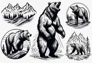 A growling grizzly bear standing on hind legs and inside the bear a realistic depiction of the triglav mountain in slovenia and under the sea pounding the mountain. All inside the bear tattoo idea