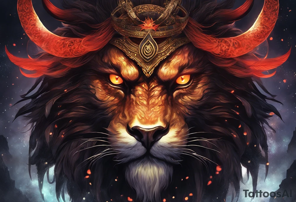 A majestic humanoid demon king with devilish features placed above torii gate is depicted in this realism image. The king's deep-set glowing galaxy-styled large eyes give off an aura of power and mystery. The king's head is acting as dreamcatcher and has braids styled like predator, with 2-3 ending with flame-styled feathers. The king's face is intricately dotted in narsimha/ rudra symbols. The head has a crown shaped blue and orangish flames with intricate and prominent koru maori symbols in the shape of trishul/ trident. The image is filled with vibrant colors, with deep blue, purple, and violet, with bright orange and yellow. This face bust (only face) is atop of a torii gate which is in a brush stroke style, somewhat visible. The king looks regal and powerful. tattoo idea