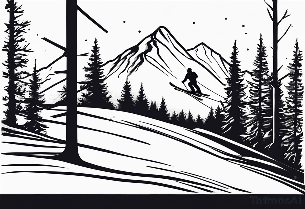 minimalist tattoo of a snow skier sking through trees showing ski trail tattoo idea