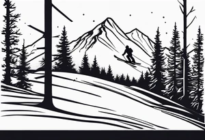 minimalist tattoo of a snow skier sking through trees showing ski trail tattoo idea