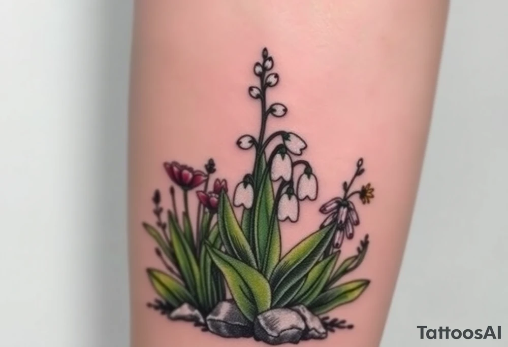 Small White lily in the valley bells growing next to other different colored lilie plants planted 
around  blooming hawthorn tree tattoo idea