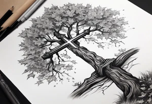 A maple tree with branches and a cross combined into the trunk. It is a forearm sleeve tattoo idea