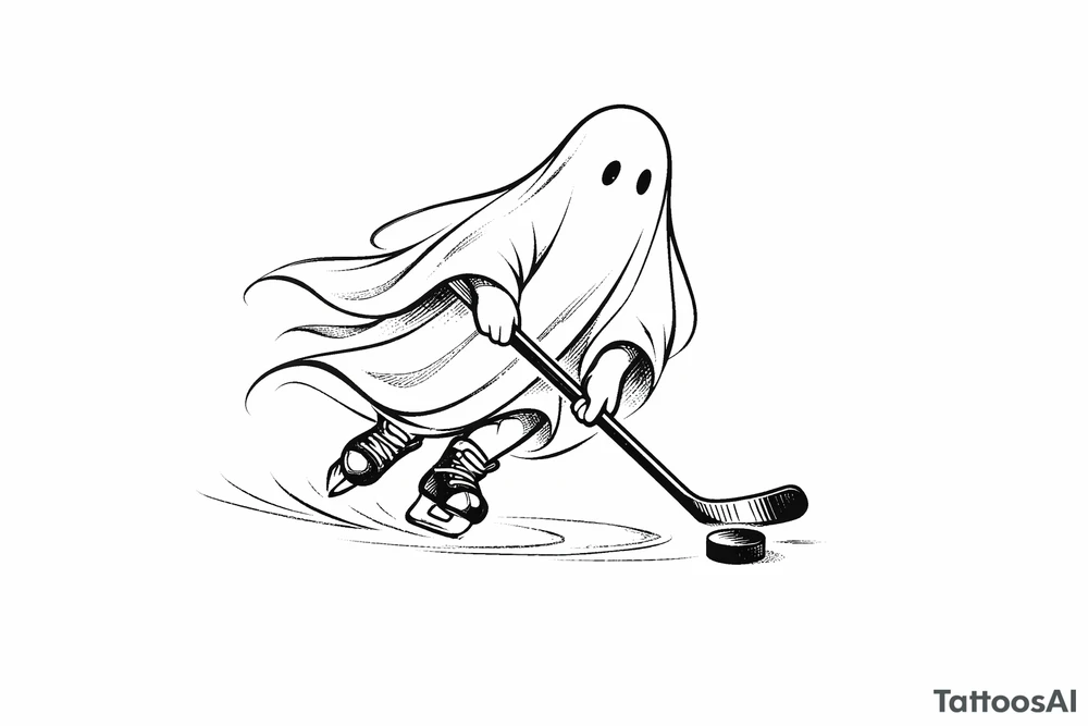 Minimalist ghost silhouette stickhandling a puck on ice tattoo idea