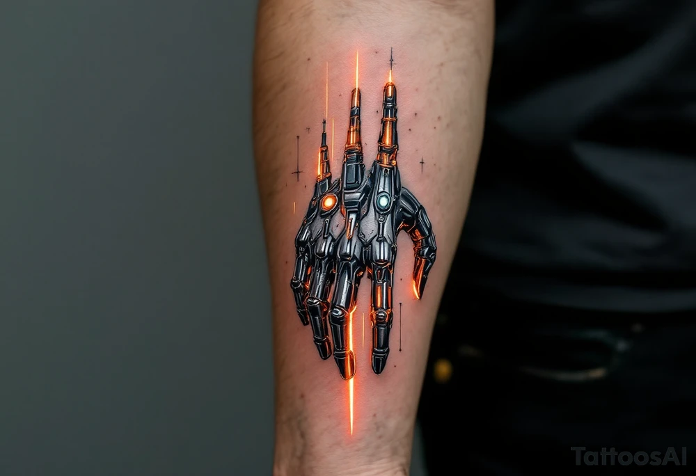 A half-human, half-android hand design in glossy gunmetal, lit from within by soft amber light trails tattoo idea