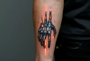 A half-human, half-android hand design in glossy gunmetal, lit from within by soft amber light trails tattoo idea