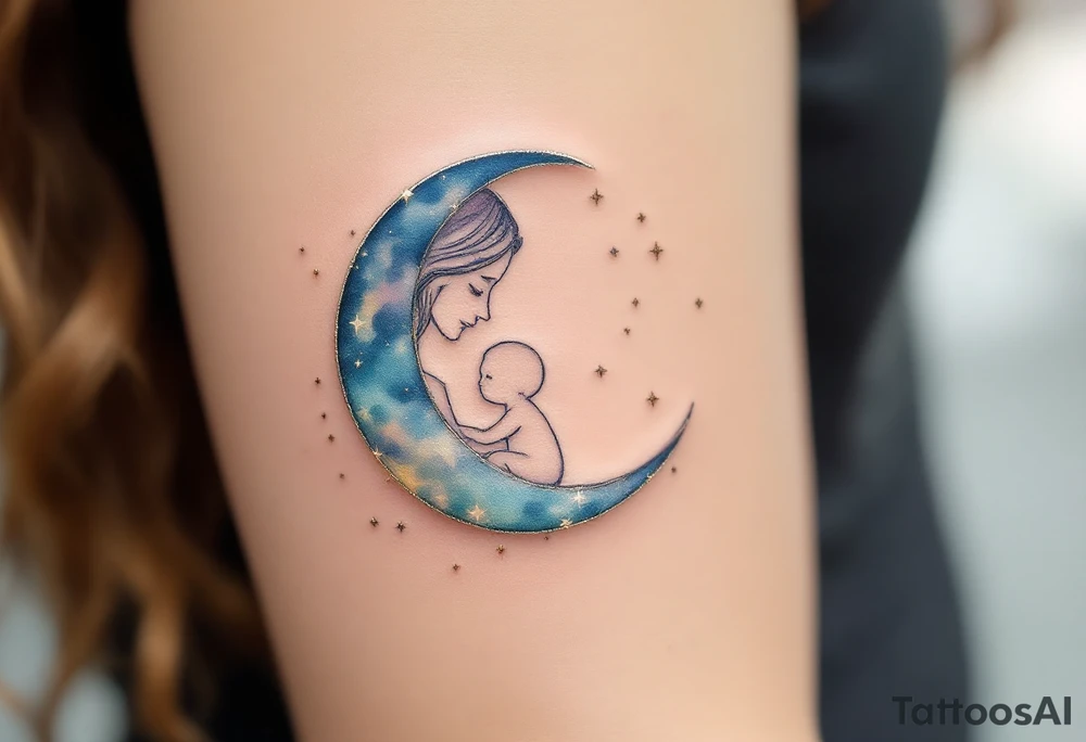 A crescent moon in silver with a mother and child nestled inside, surrounded by tiny gold stars, represents nighttime care and dreams. tattoo idea