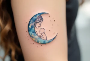 A crescent moon in silver with a mother and child nestled inside, surrounded by tiny gold stars, represents nighttime care and dreams. tattoo idea