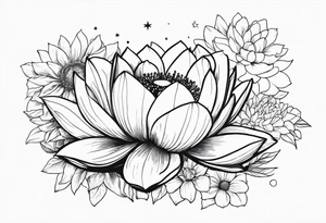 Lotus, marigold, Dahila, snapdragon. Stars in background tattoo idea