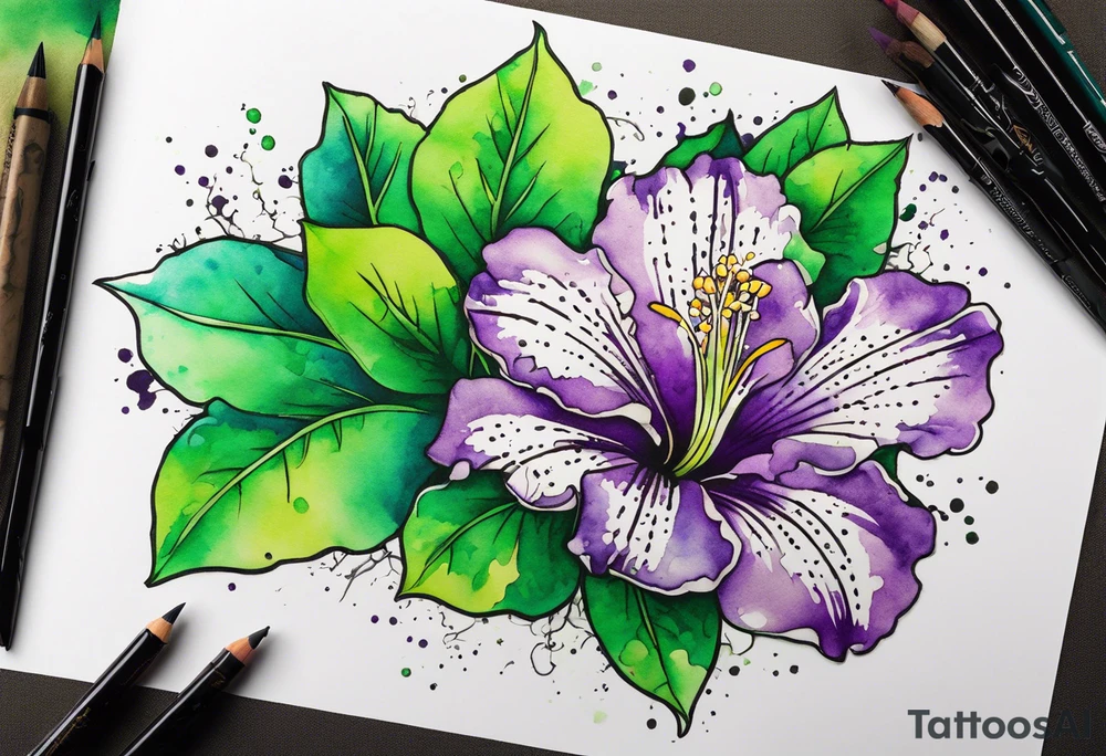 An outline of a green rio dipladenia flower and a green/purple watercolor splatter in the background tattoo idea