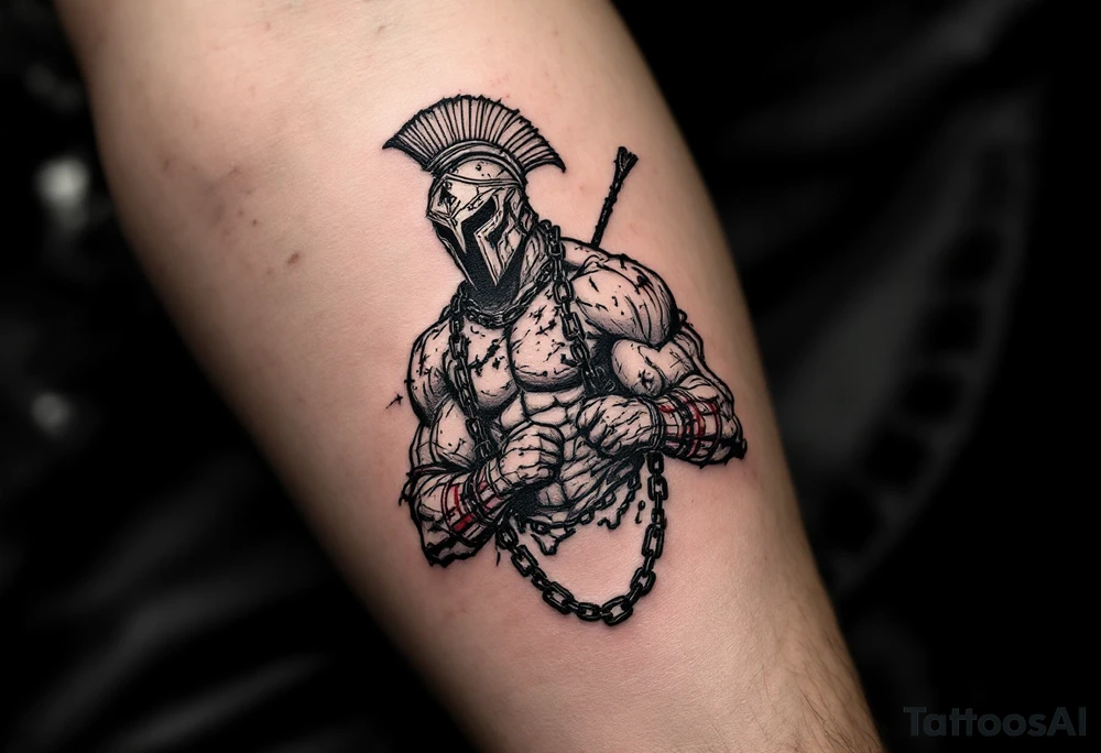 Chains of the Slave Gladiator – A warrior with iron chains hanging from his wrists, symbolizing his past as a slave. His rusted helmet bears the scars of countless fights, and his muscular body is covered in old wounds. tattoo idea