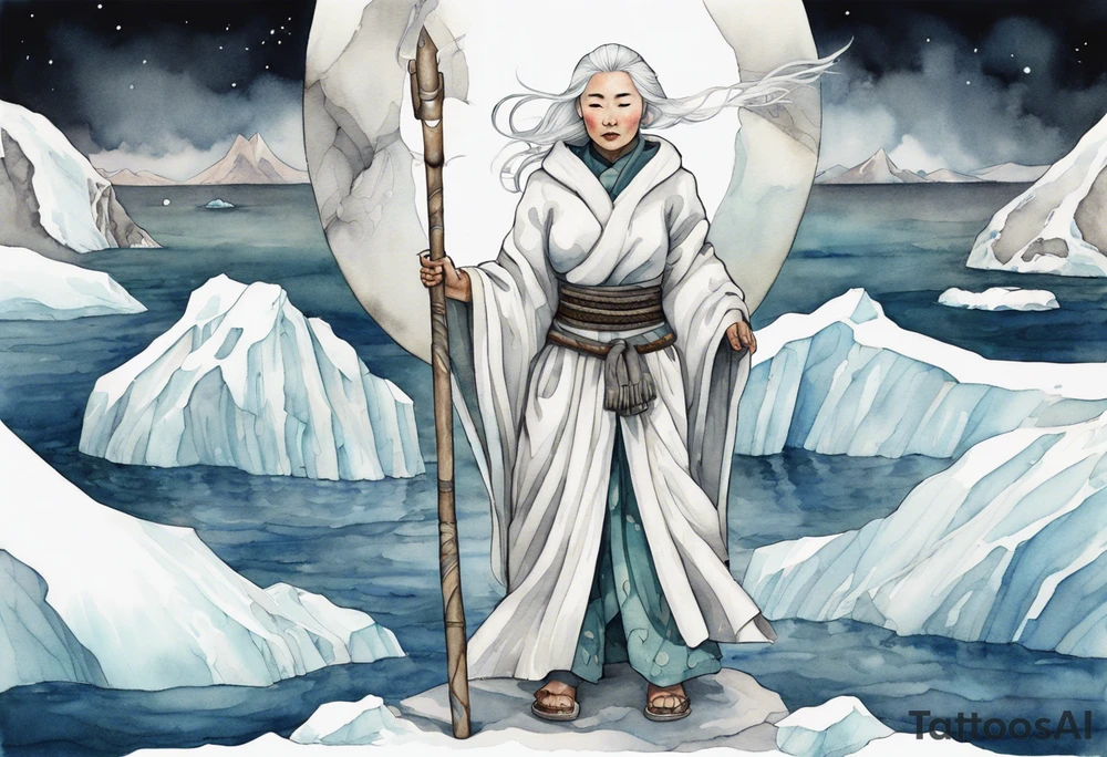 a 40 year old Inuit woman with white hair and a white robe holding a silver and white staff, standing on an iceberg tattoo idea