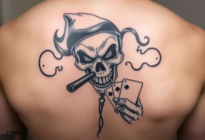 Gangster scene clown skull mid evil smoking cigar playing cards on the streets tattoo idea