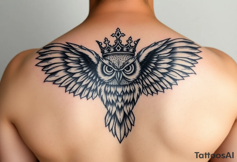 Owl with a king crown with wings spread tattoo idea