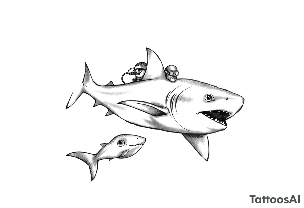 Generate a dive scene including a smaller shark circling a diver tattoo idea