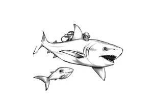 Generate a dive scene including a smaller shark circling a diver tattoo idea