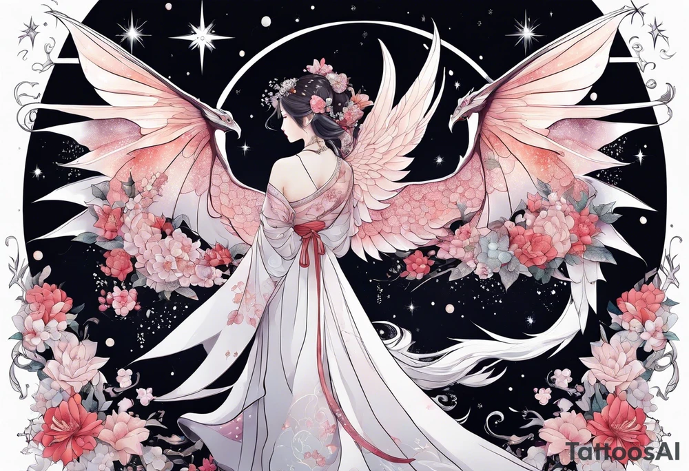 Constellation, wing , snow , cross , dragon female japan kawaii , flower tattoo idea