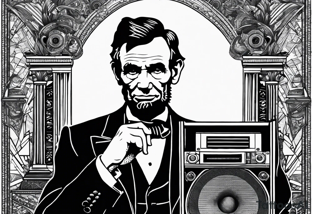 Abraham Lincoln in a suit jacket holding a boombox to his head tattoo idea