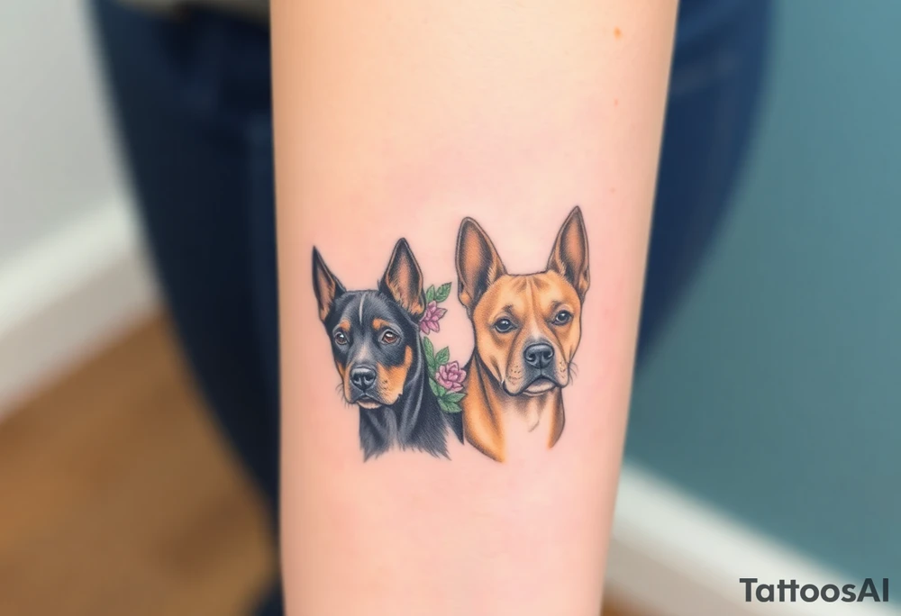 a black merle Australian cattle dog and a tan staffie with flowers and succulents around their heads tattoo idea