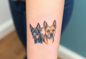 a black merle Australian cattle dog and a tan staffie with flowers and succulents around their heads tattoo idea