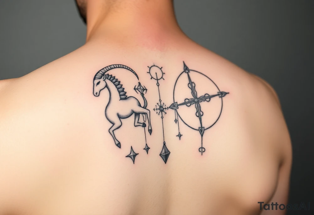 combine the symbols for capricorn and sagittarius with some celestial items interspersed small and combine them together and use the zodiac symbol tattoo idea