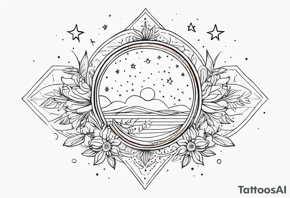 fine line with sun, stars, floral, dots. Sternum tattoo tattoo idea