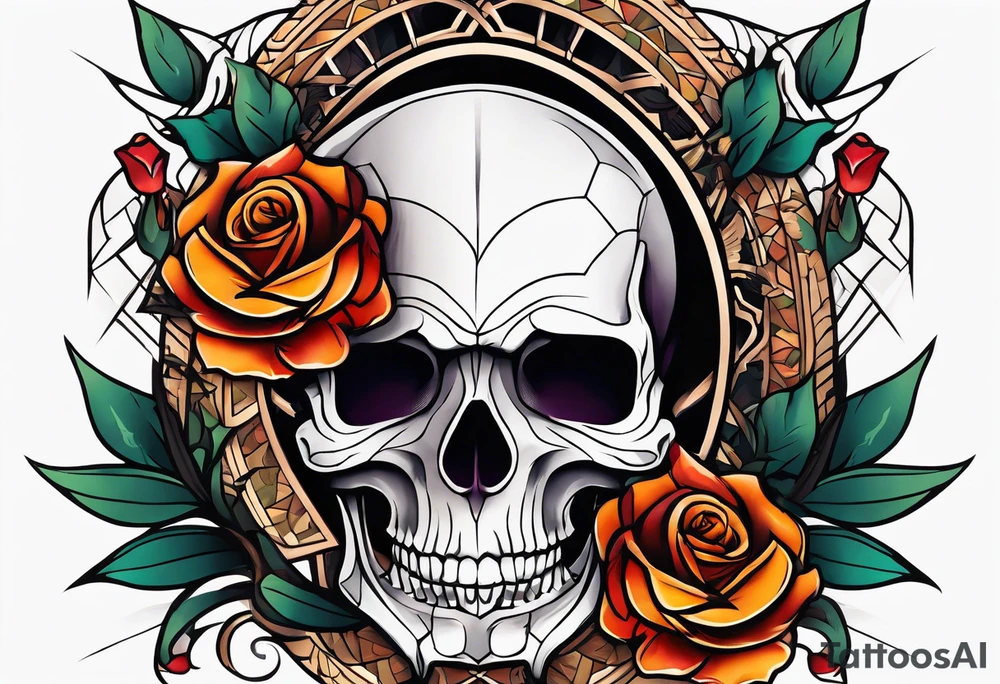 neo traditional Knee tattoo in fall colors showing a large skull with a rose in the style tattoo idea