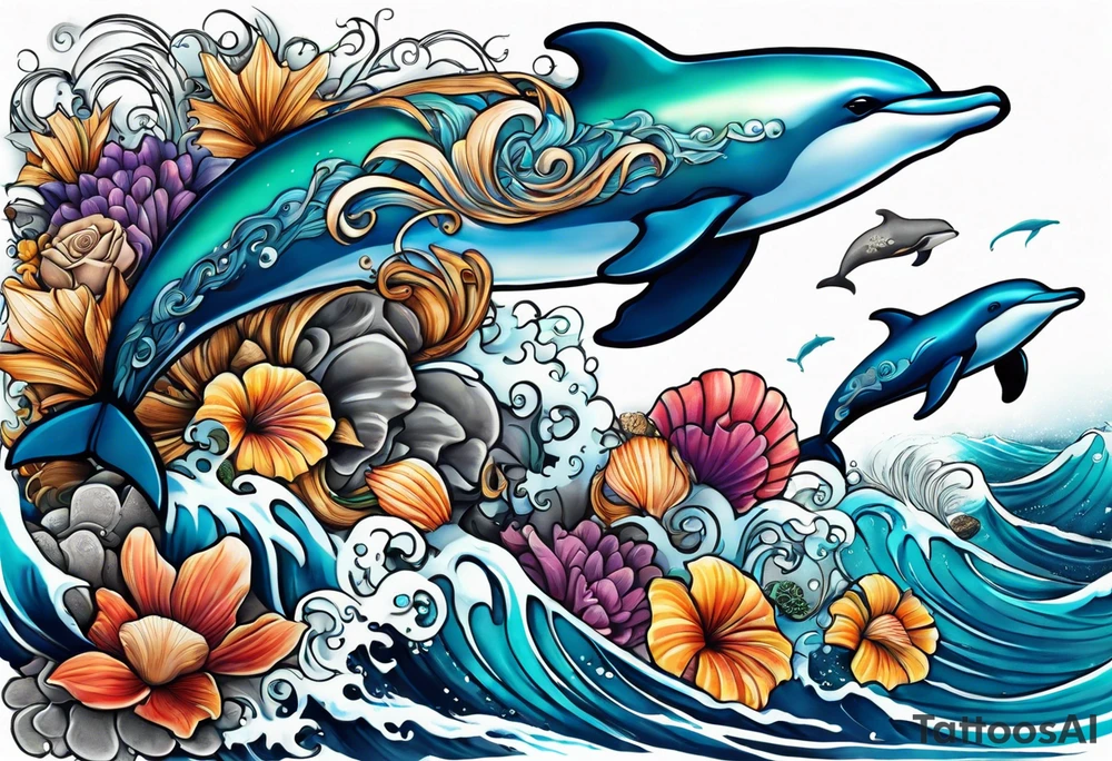 Arm sleeve with dolphins sea shells flowers and sea turtles intertwined in ocean waves tattoo idea