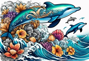 Arm sleeve with dolphins sea shells flowers and sea turtles intertwined in ocean waves tattoo idea