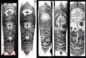 arm sleeve tattoo with the solar cross surrounded by jungle plants tattoo idea