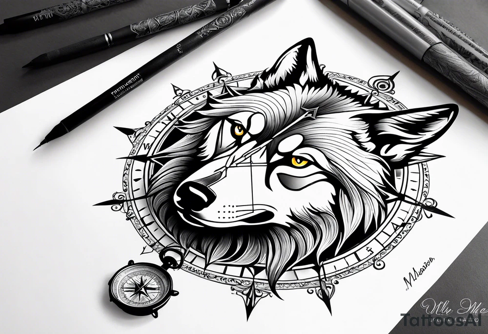 Wolf face with compass and my daughters name Madison tattoo idea